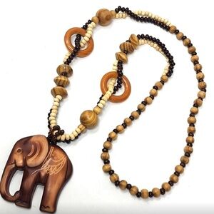 Wood Beaded Necklace Carved Elephant Pendant Ethnic Fashion Jewelry New